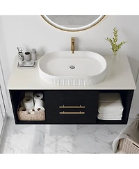 Thirtypeachy Modern Solid Wood Floating Bathroom Vanity, Single Sink Oval Ceramic Sink, Soft-Close Drawers Open Shelf