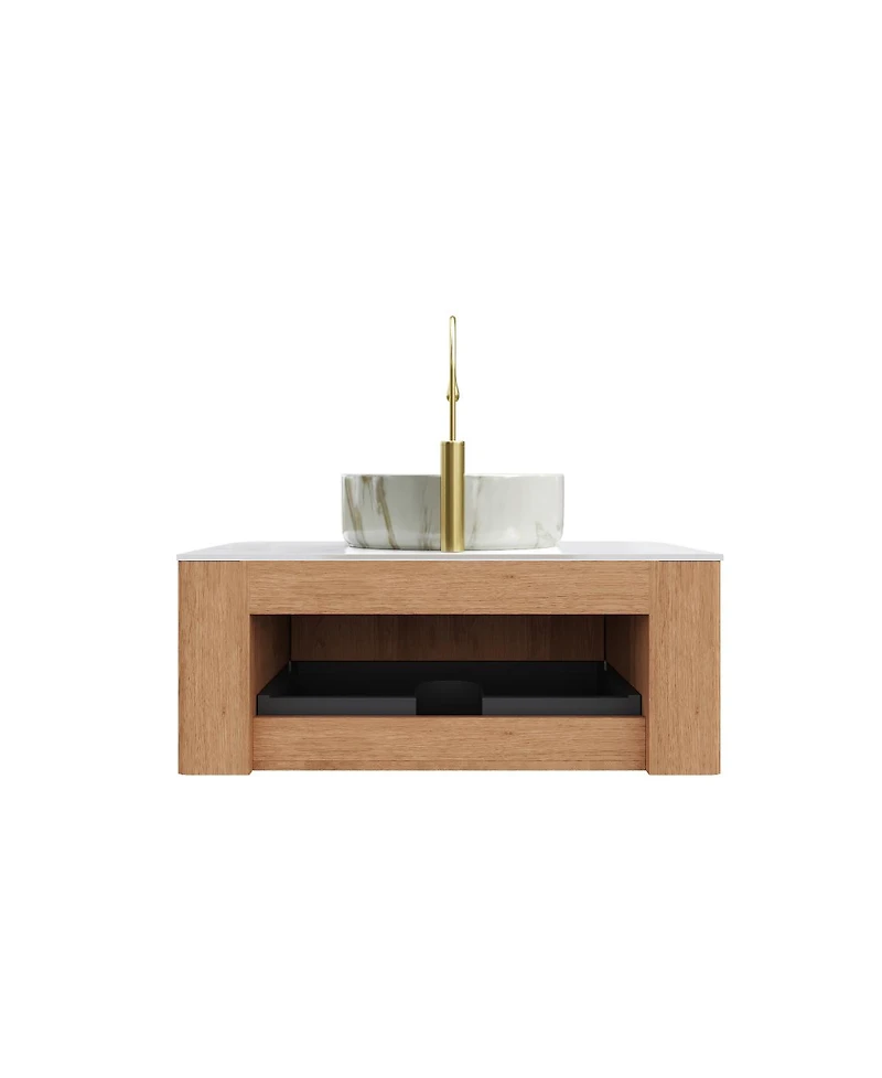 Sillysis Wall Mounted Bathroom Vanity with Sintered Stone Top, Round Ceramic Sink, Wood Grain Drawer