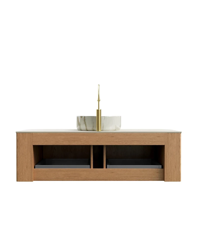 Sillysis Wall Mounted Bathroom Vanity with Sintered Stone Top, Round Ceramic Sink, Wood Grain Drawer