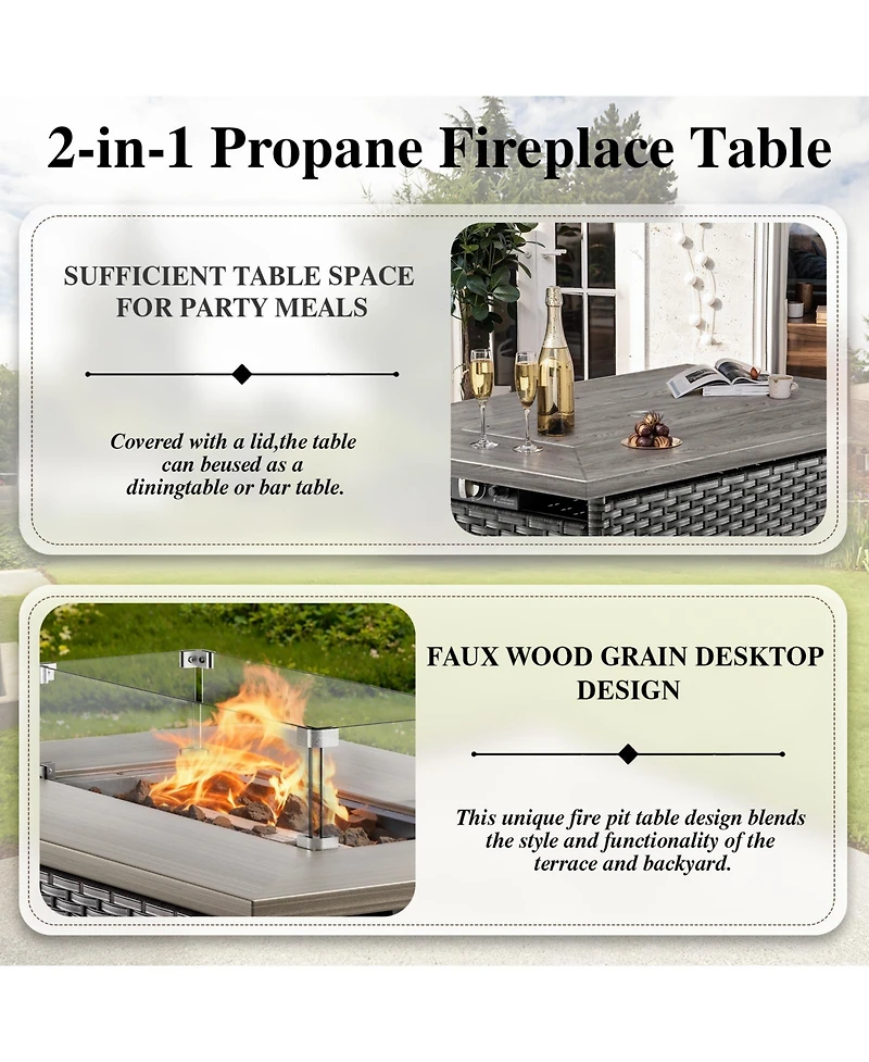 Pocassy Rectangular Propane Fire Pit with 50,000 Btu Output, Fire Pit Table for Outside Patio with volcanic Stones and Wind Guard