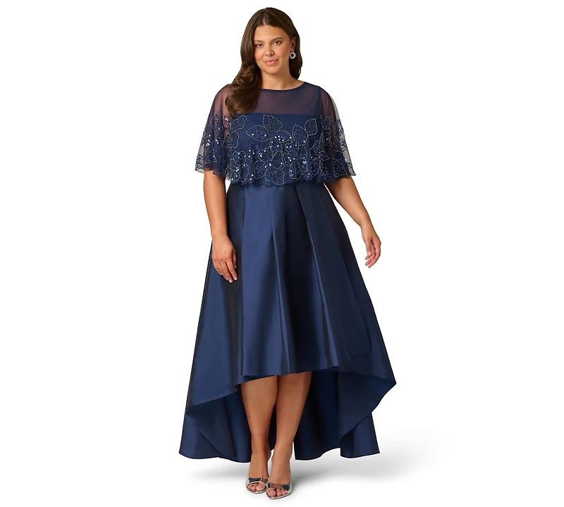 Adrianna Papell Plus Cape Detail Asymmetrical Ball Gown
