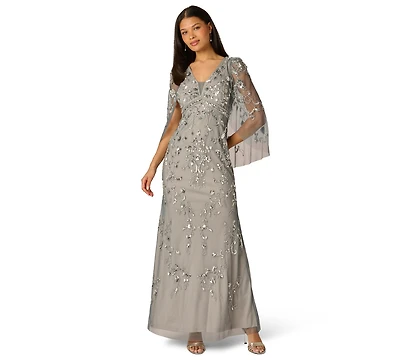 Adrianna Papell Women's Beaded Cape-Sleeve Gown