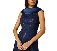 Adrianna Papell Women's Embroidered Boat Neck Gown