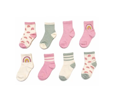Rainbow Sugar Girls' 4-8.5 Mid Crew Socks, 8-Pack
