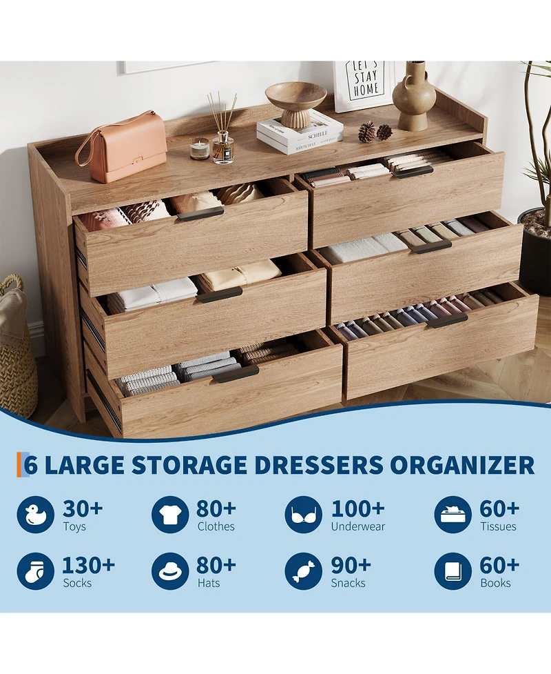 homfan 52.5" Wide Fluted 6-Drawer Dresser, Modern Wooden Storage Cabinet, Multi-Function Organizer and Tv Stand for Bedroom, Living Room, Hallway