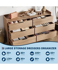 homfan 52.5" Wide Fluted 6-Drawer Dresser, Modern Wooden Storage Cabinet, Multi-Function Organizer and Tv Stand for Bedroom, Living Room, Hallway