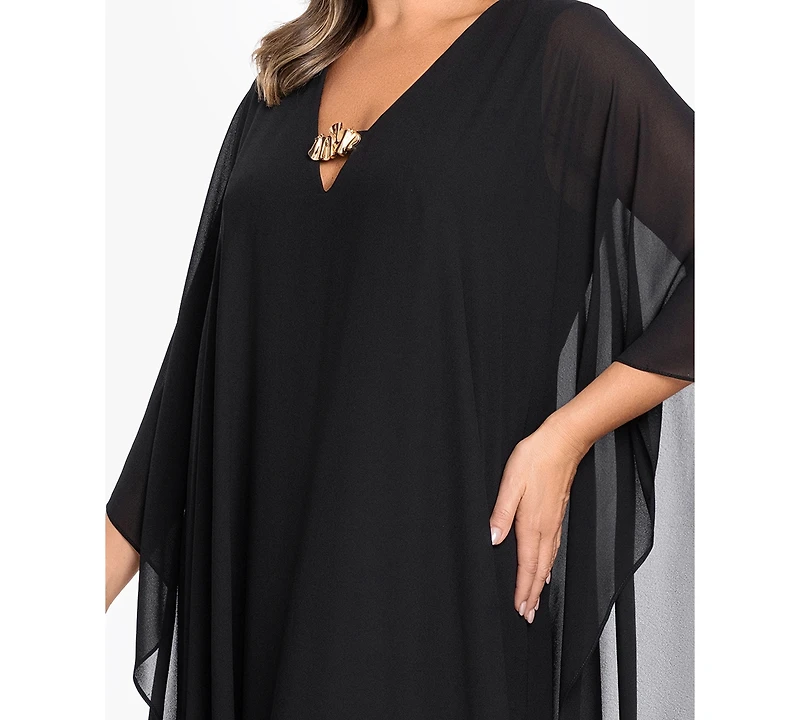 Betsy & Adam Plus V-Neck Long-Sleeve Gown