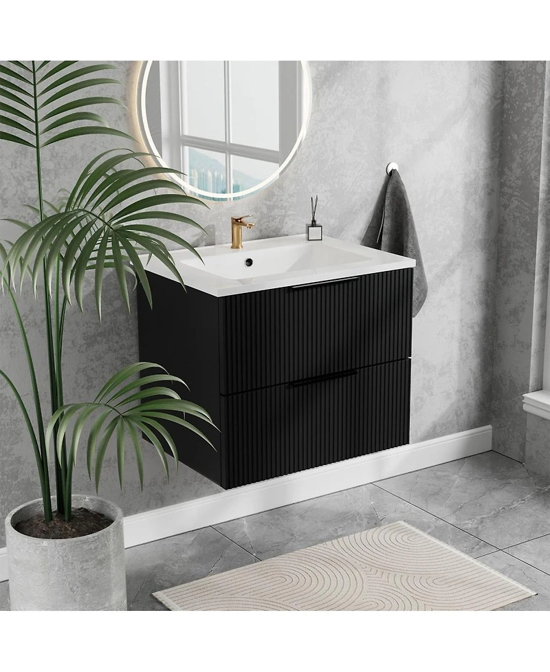 Thirtypeachy Floating Vanity With Ceramic Sink, Fluted Wall-Mount Cabinet, 2 Drawers U-Shaped Cutout
