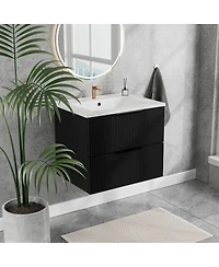 Thirtypeachy Floating Vanity With Ceramic Sink, Fluted Wall-Mount Cabinet, 2 Drawers U-Shaped Cutout