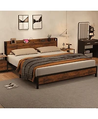 homfan Platform Bed Frame with Charging Station, Usb and Ac Outlets, Metal Slats, Wood Headboard and Footboard, No Box Spring Needed