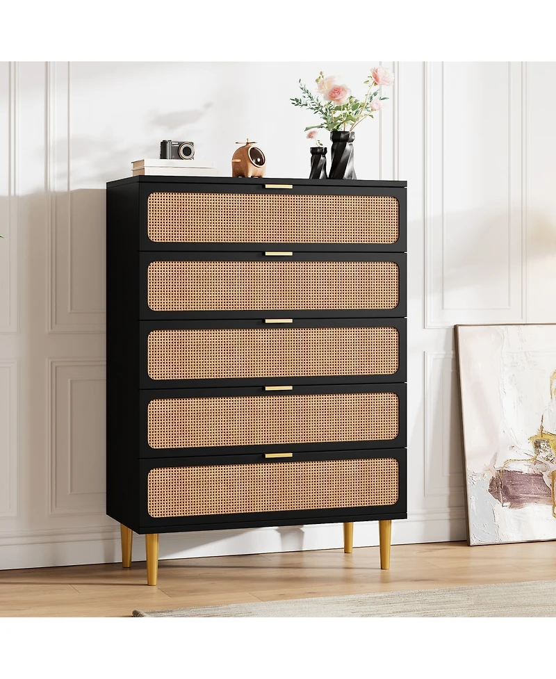 homfan Tall Boho 5-Drawer Rattan Dresser, Wooden Storage Cabinet with Deep Drawers for Multi-Space Use