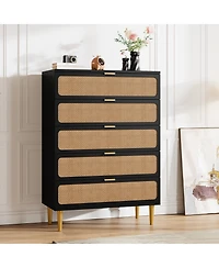 homfan Tall Boho 5-Drawer Rattan Dresser, Wooden Storage Cabinet with Deep Drawers for Multi-Space Use