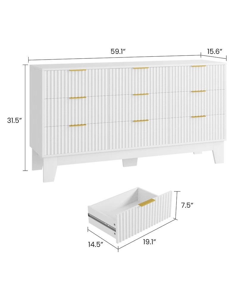 homfan 9 Drawer Dresser for Bedroom, 47" Wide Fluted Chest with Metal Handle, Modern Wooden Tv Stand, Clothes Organizer Hallway, Entryway