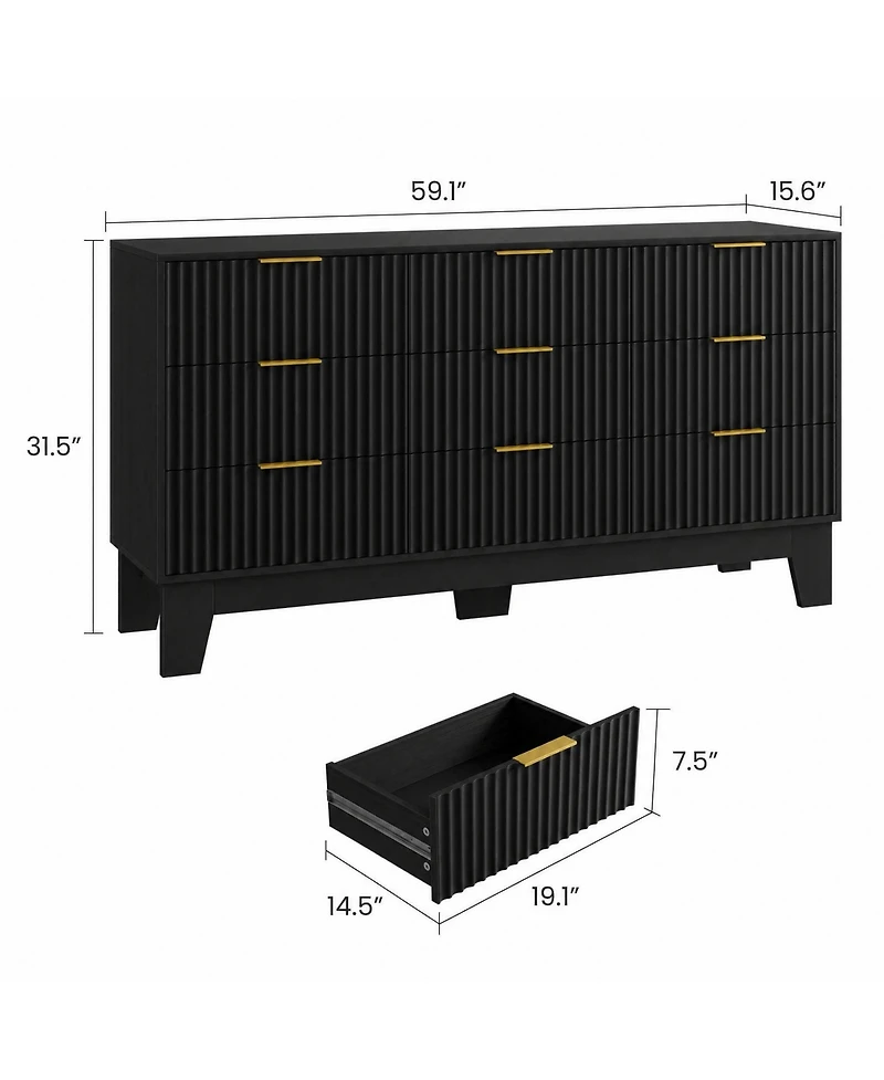 homfan 9 Drawer Dresser for Bedroom, 47" Wide Fluted Chest with Metal Handle, Modern Wooden Tv Stand, Clothes Organizer Hallway, Entryway
