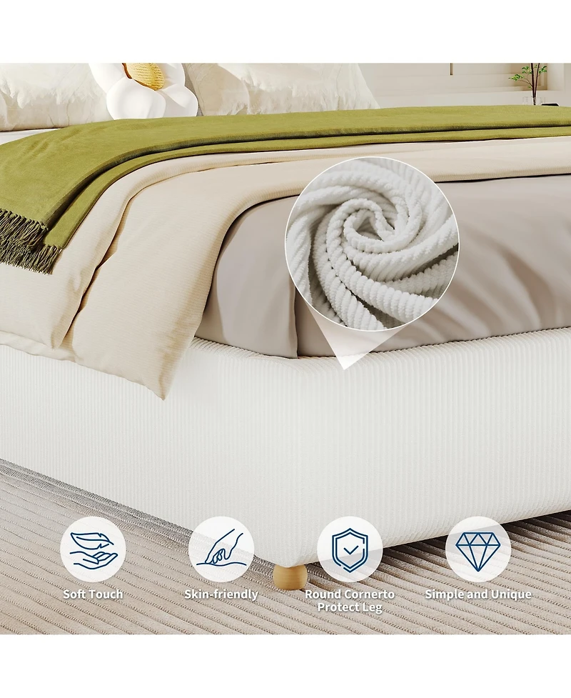 homfan Upholstered Low Platform Bed Frame with Round Wood Legs, No Headboard, Slat Support
