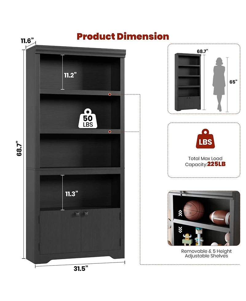 gaomon 5 Tier Bookshelf Farmhouse Bookcase with 2 Doors Adjustable Shelves Anti-Slip for Home Office Living Room, Study