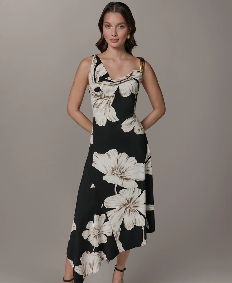 Donna Karan New York Women's Sleeveless Floral Cowl Neck Asymmetrical Midi Dress