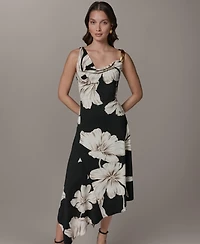 Donna Karan New York Women's Sleeveless Floral Cowl Neck Asymmetrical Midi Dress