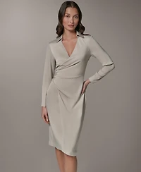 Donna Karan New York Women's Long-Sleeve Satin Collared V-Neck Midi Wrap Dress