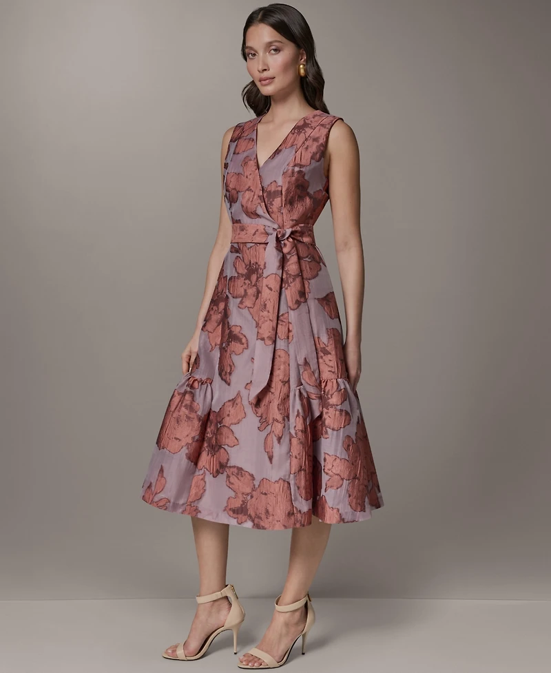 Donna Karan New York Women's Sleeveless Jacquard Faux Wrap V-Neck Floral Midi A-Line Dress