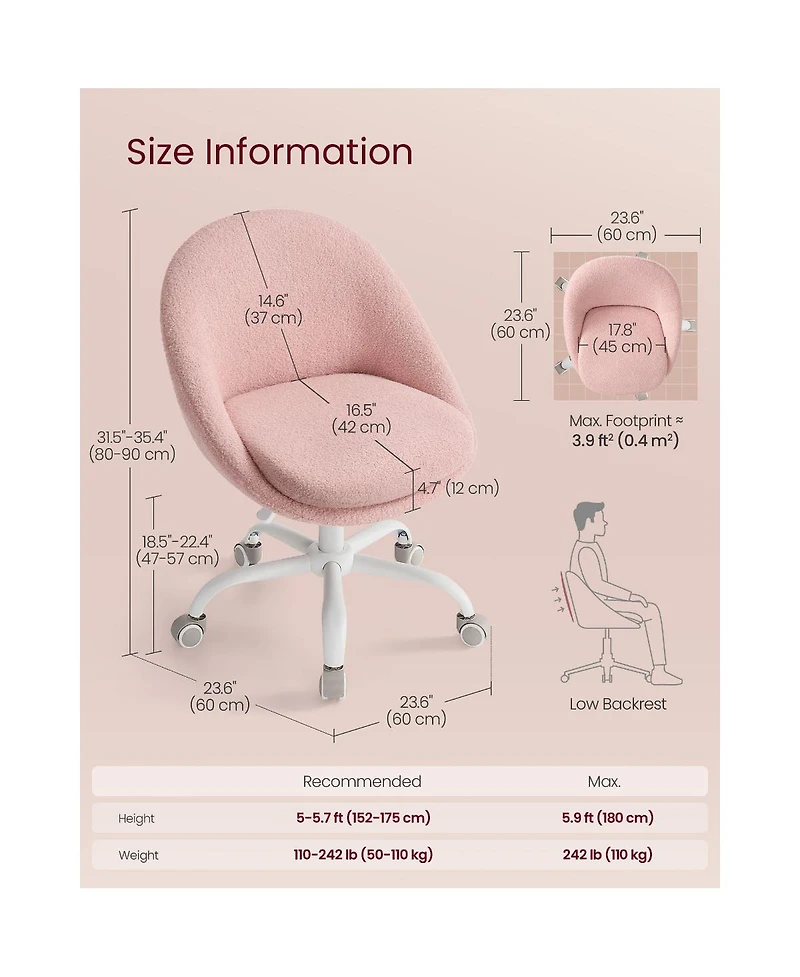 Slickblue Rolling Vanity Chair with Back Support in Soft Teddy Fleece Fabric