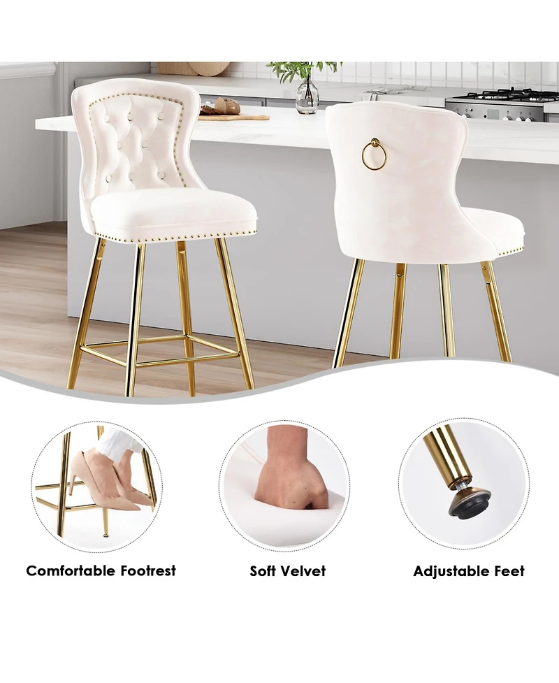 Rainsken Bar Stools Set of 2, Velvet Counter, Button Tufted and Nailheads Trim, with Metal Legs, for Kitchen Island Dining Room Pub