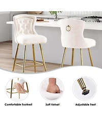 Rainsken Bar Stools Set of 2, Velvet Counter, Button Tufted and Nailheads Trim, with Metal Legs, for Kitchen Island Dining Room Pub