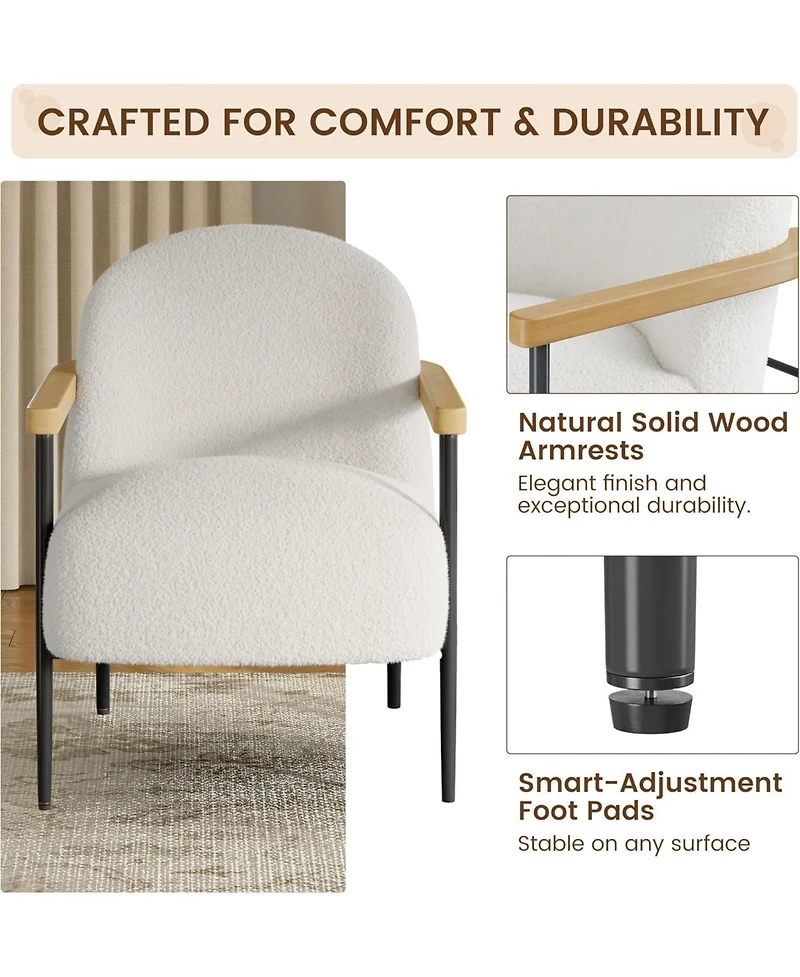 gaomon Accent Chair Set of 4 for Living Room, Modern Teddy Fabric Armchair with Metal Frame, Wood Armrests and Adjustable Feet for Living Room