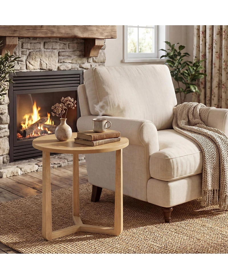 Slickblue Rustic Round End Table with Sturdy Rubber Wood Legs and Triangular Base Design