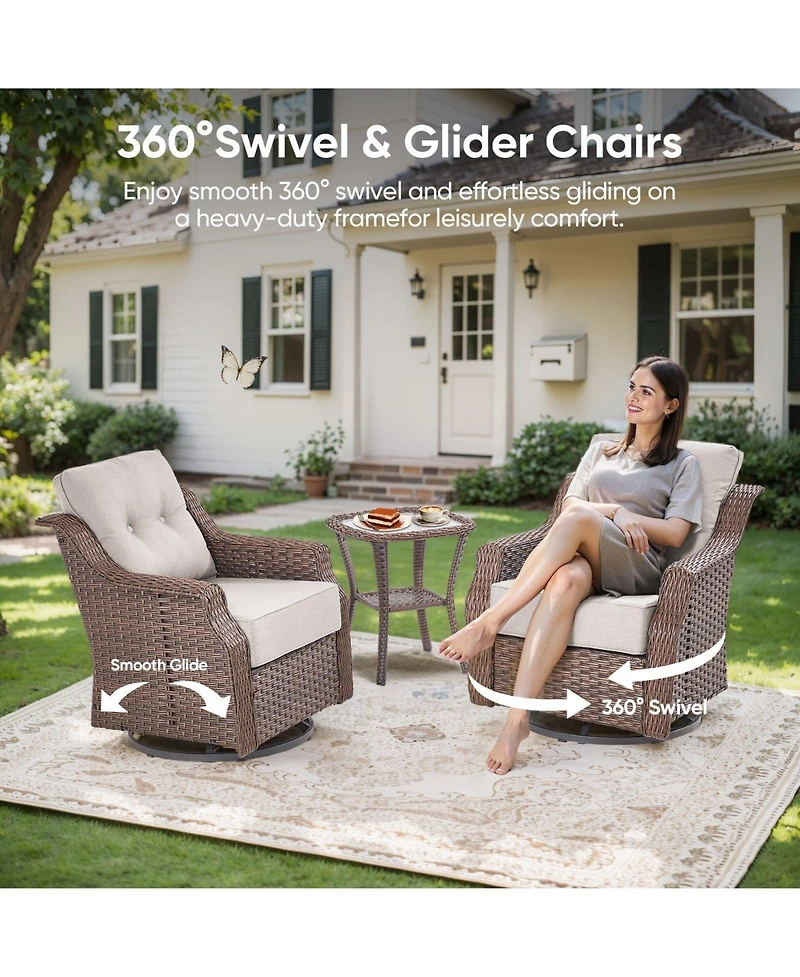 Pocassy 3-Pieces Brown Wicker Outdoor Swivel Rocking Chair with Cushion
