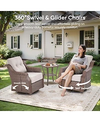 Pocassy 3-Pieces Brown Wicker Outdoor Swivel Rocking Chair with Cushion