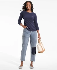Lands' End Petite Soft Denim Mid Rise Relaxed Straight Crop Patchwork Jeans
