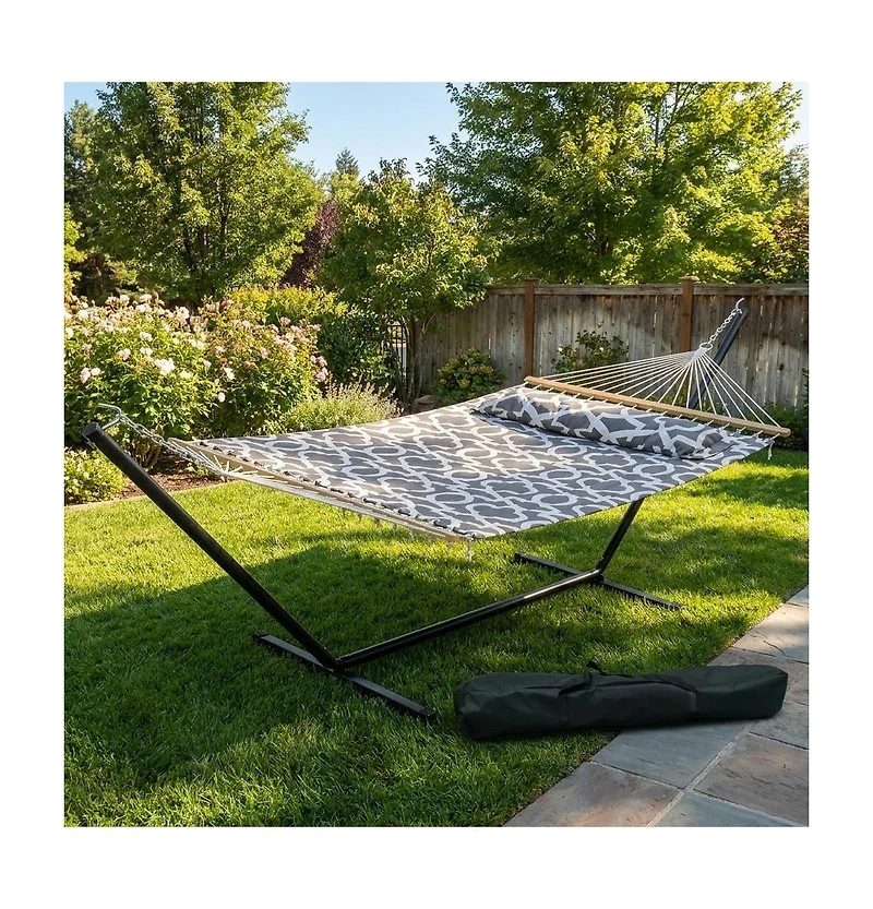 gaomon Double Hammock with Stand for 2 Adults, Heavy Duty Portable Quilted Hammock Bed, Freestanding for Patio Garden Yard Lawn Camping, Spacious