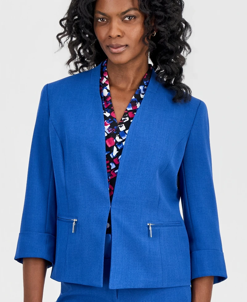 Kasper Women's Collarless Zip-Pocket Cuffed-Sleeve Jacket