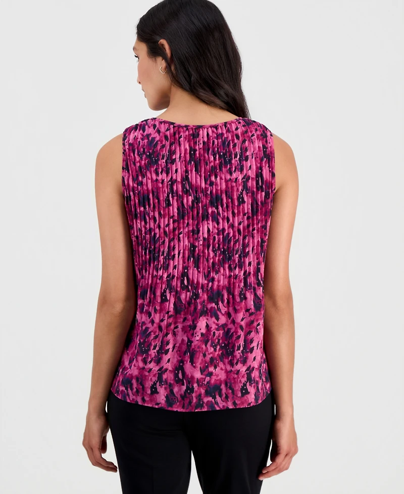 asper Women's Printed Crewneck Sleeveless Pleated Blouse