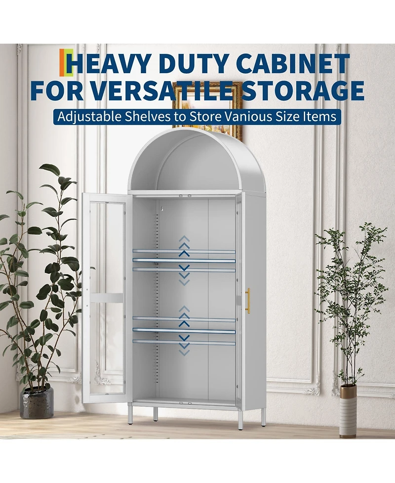 gaomon 73" Modern Arched Metal Storage Cabinet with Glass Doors for Living Room, Pantry Bookshelf, White