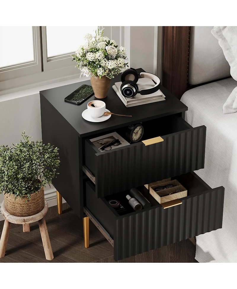 homfan 1PCS/2PCS Modern Fluted Nightstands,2 Drawers, Gold and Wood Accents for Bedroom, Living Room