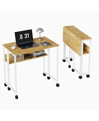 gaomon Folding Desk Small Rolling with Storage Shelf,24.8 Inch Foldable Computer Table Wheels,Portable Office for Space SofaTable
