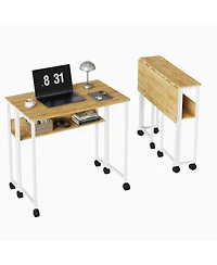 gaomon Folding Desk Small Rolling with Storage Shelf,24.8 Inch Foldable Computer Table Wheels,Portable Office for Space SofaTable