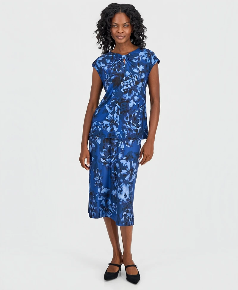 Kasper Women's Printed Bow-Neck Extended-Shoulder Top