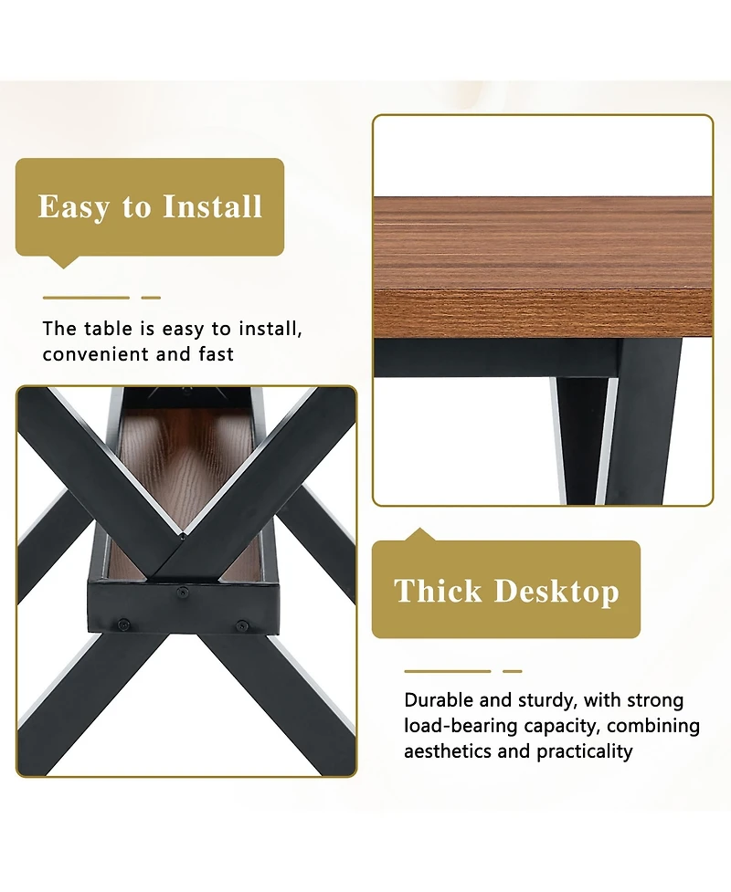 Rainsken 71" 35.4" Dining Table for 6-8 People - Mdf Splicing Desktop, X-Shaped Metal Frame, with Storage Shelves Room