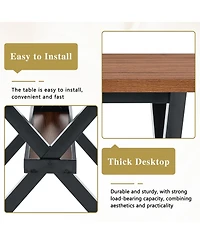 Rainsken 71" 35.4" Dining Table for 6-8 People - Mdf Splicing Desktop, X-Shaped Metal Frame, with Storage Shelves Room