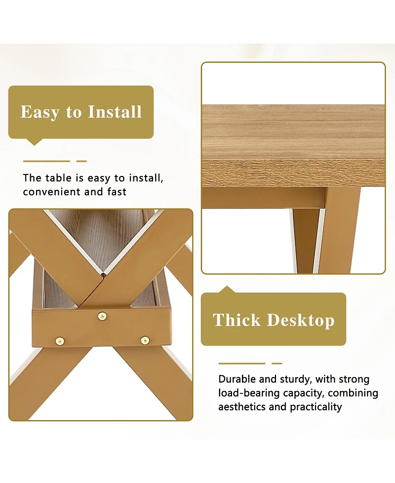Rainsken 71" 35.4" Dining Table for 6-8 People - Mdf Splicing Desktop, X-Shaped Metal Frame, Dining Table with Storage Shelves for Dining Room