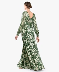 Betsy & Adam Women's Long-Sleeve V-Neck Metallic Floral Gown