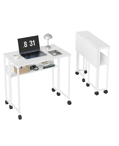 gaomon Folding Desk Small Rolling Desk with Storage Shelf,24.8 Inch Foldable Computer Table with Wheels,Portable Office Desk for Small Space SofaTable