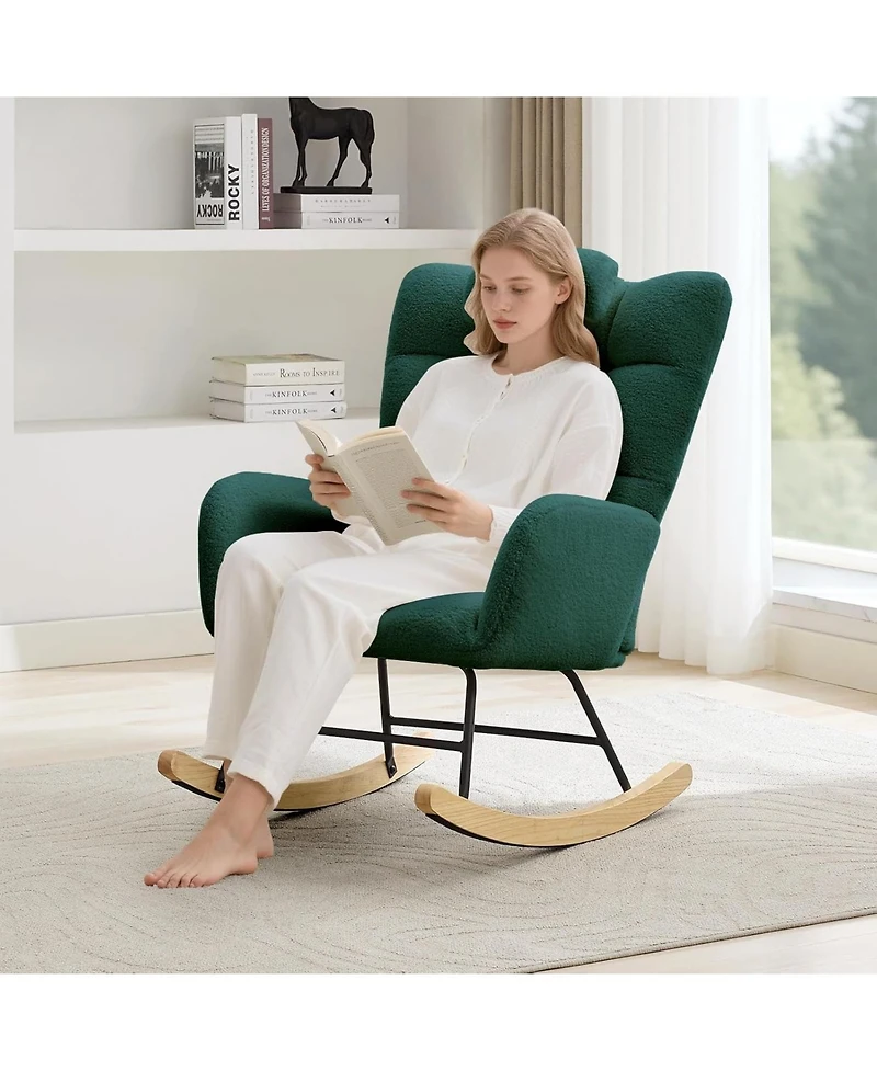 Gaomon Modern Teddy Fabric Rocking Chair, High Back Glider Rocker - Cozy Reading Armchair with Soft Cushion for Living Room, Nursery, Bedroom