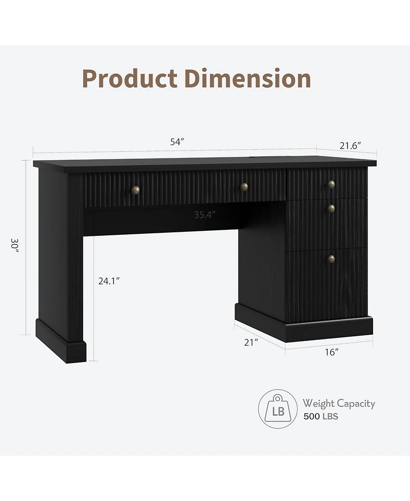 gaomon 54 fluted executive desk with charging station, wooden computer desk with file drawers for home office, study, living room, or bedroom