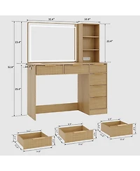 gaomon Extra Large Fluted Makeup Vanity - 36" Led Mirror, 6 Drawers and Charging Station (2 Ac+2 Usb) Oak Dressing Table with Tempered Glass Top