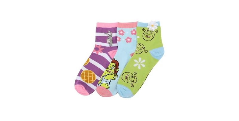 Shrek Characters & 3D Flowers Women's 3-Pair Casual Quarter Crew Ankle Socks