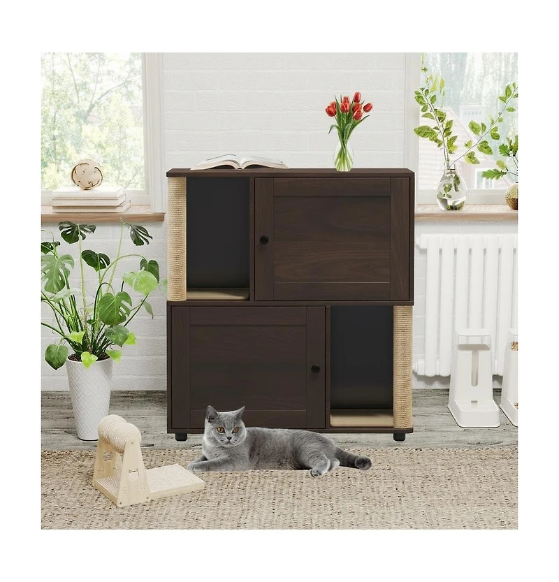 Gaomon Cat Litter Box Enclosure for 2 Cats, Double Hidden Litter Box Furniture Cabinet with 2 Scratch Mat and Scratch Post